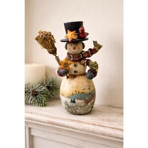Vintage Style Snowman Figurine Winter Folk Art Star Broom Rustic Decor